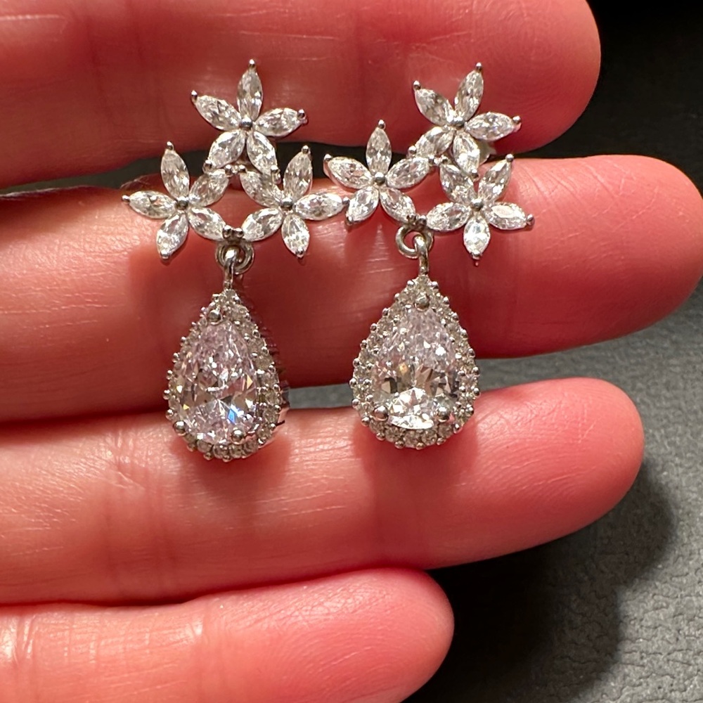 Elegant Sterling Silver CZ Floral Drop Earrings